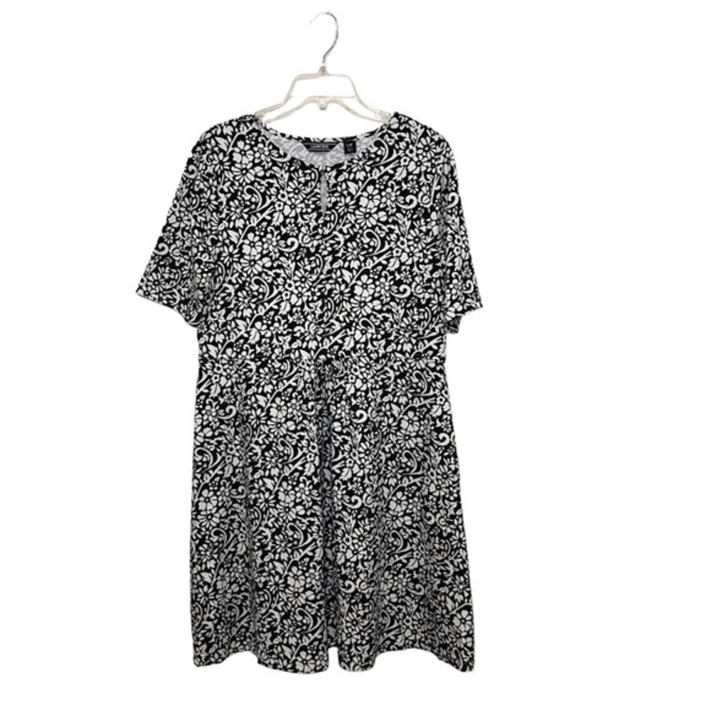 Lands' End Stretchy Pima Cotton Black White Floral Short Sleeve Dress LP 14/16